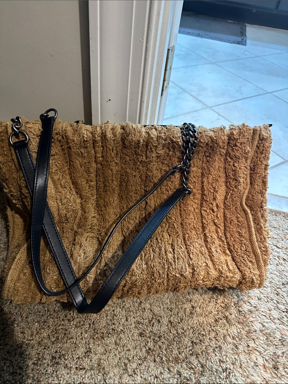 Zara Plush Textured Clutch with Black Chain Strap - Tan